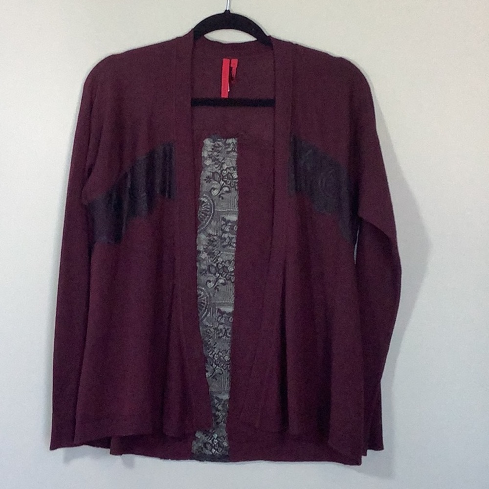 Deep Burgundy Light Knit Cardigan with Black Lace